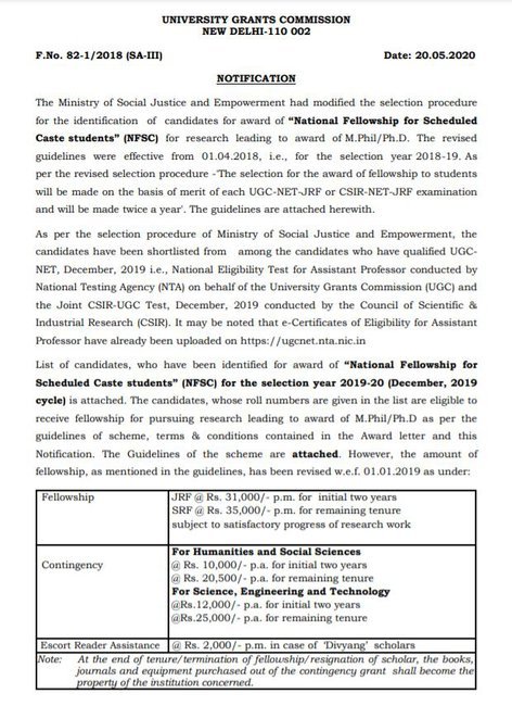 National Fellowship for SC Application Procedure