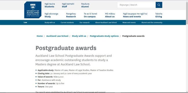 Application Procedure for Auckland Law School Postgraduate Awards, New Zealand 