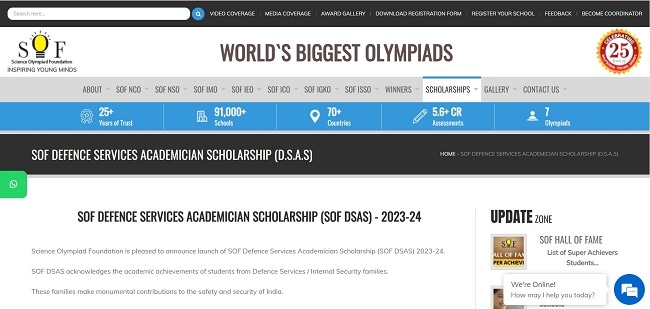 SOF Defence Services Academician Scholarship Official Website