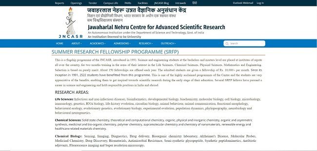 JNCASR Summer Research Fellowship Programme Official Website